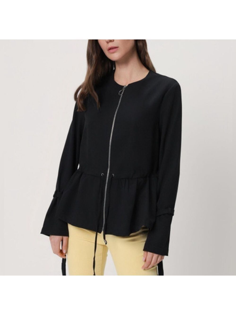 STRADIVARIUS Front Zip Cardigan drawstring Peplum hem & Ties  at cuffs Small